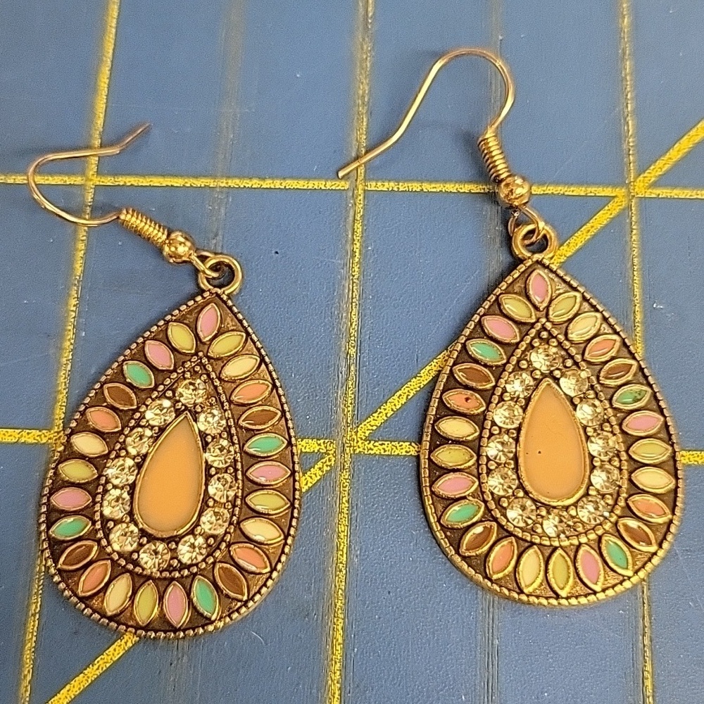 Tear Drop Antique Gold Rhinestone Earrings
